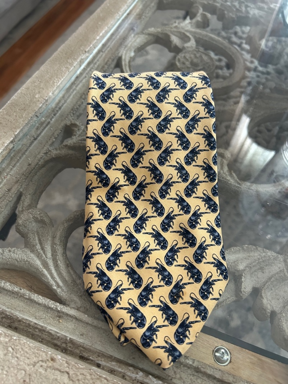 Perkins Men's Yellow Novelty Silk Tie with Navy Fish Pattern